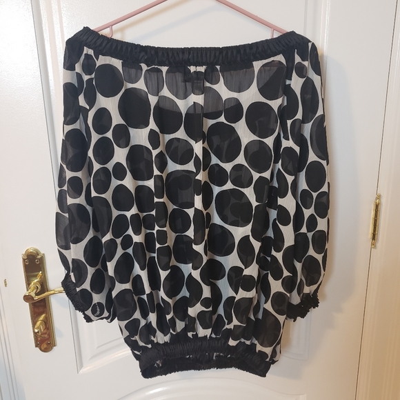 Joseph Ribkoff Polka Dot Sheer Off the Shoulder Blouse - Picture 3 of 5